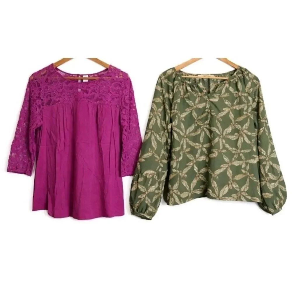 ann Taylor womens large top green old Navy magenta pink eyelet blouse lot of 2